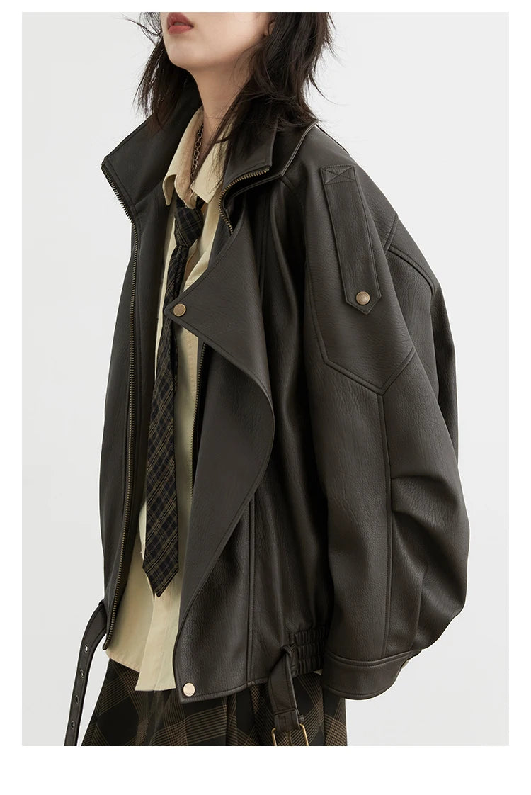 CHIC VEN Female PU Jacket Solid Loose New Retro Standing Collar Motorcycle Faux Leather Coat Female Top Spring Autumn 2024