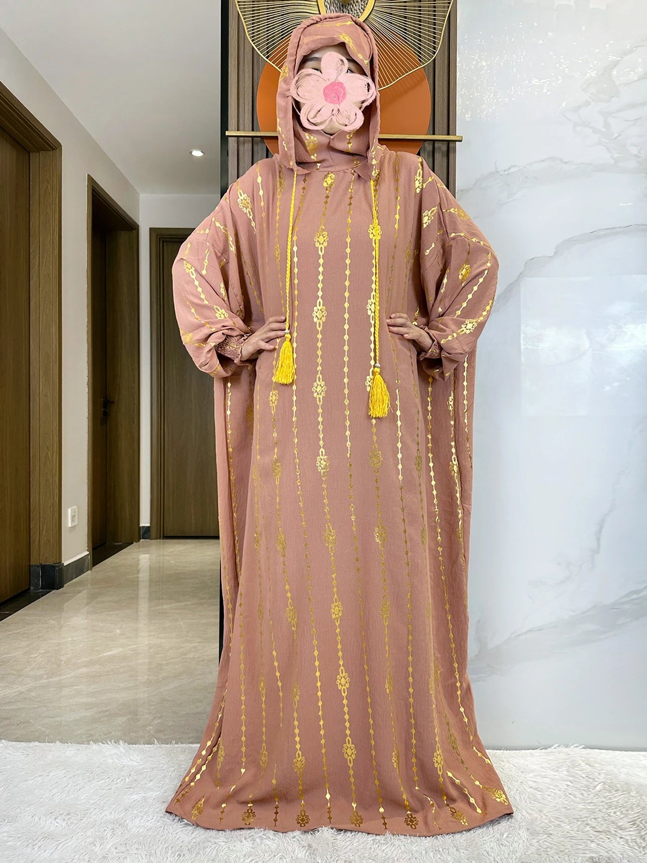 New Cotton Ramadan Muslim Two-Hat Abaya Dubai Turkey Islam Prayer Clothes Gold Dust   Dress Islam Women Dress Kaftan