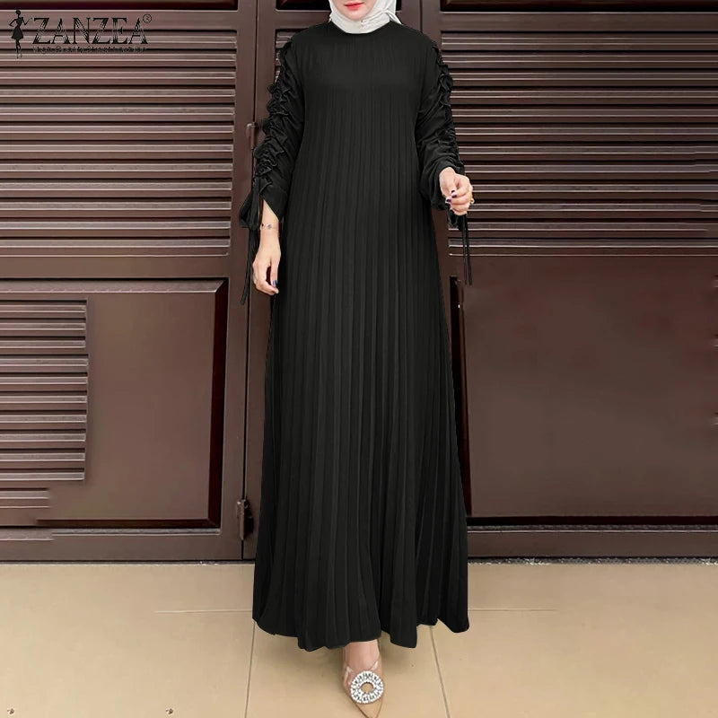 Muslim Hijab Dresses Abaya ZANZEA Spring Maxi Sundress Women Fashion Long Sleeve Pleated Party Dress IsIamic Clothing Robe Femme