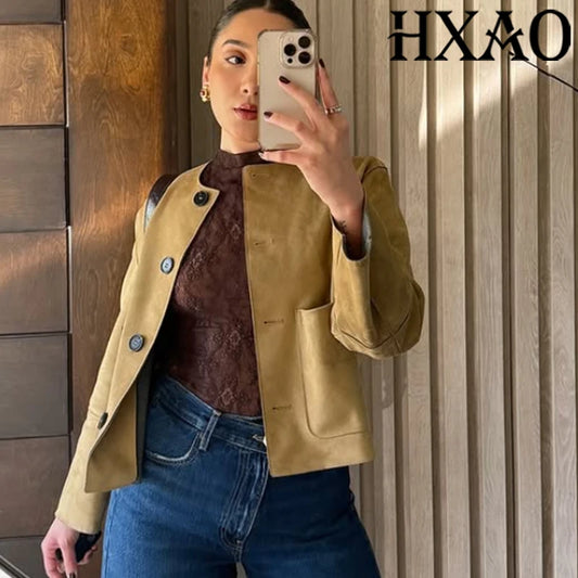 HXAO Demi-Season Suede Jacket Women Cropped Coat Autumn Faux Bomber Jacket Outerwear Button Elegant New Jacket Short Coat