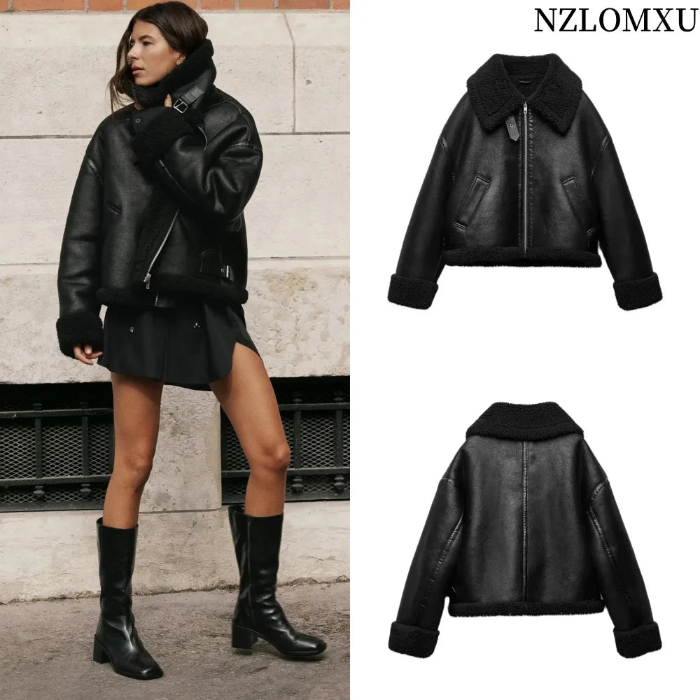 Autumn and Winter New Women's Fur Fleece Loose Double-sided Motorcycle Jacket Short Coat Street Style Comfortable Warm
