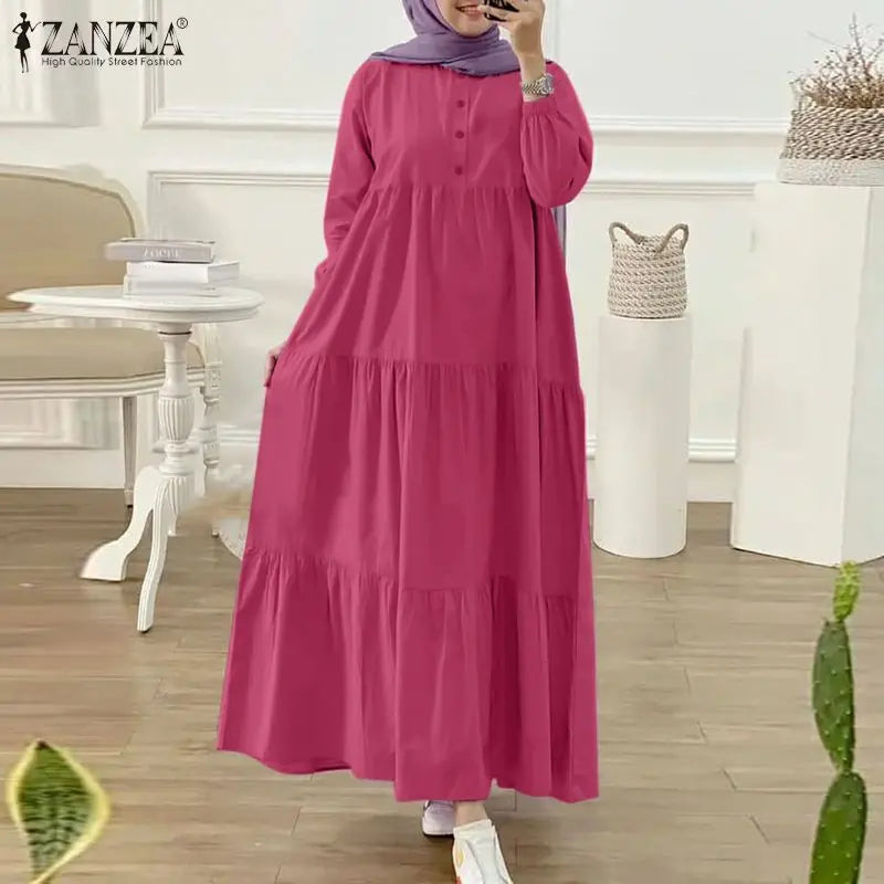 ZANZEA Autumn Women Long Vestidos Muslim Fashion O Neck Islamic Hijab Casual Loose Maxi Dress Tiered Long Sleeve Abaya Robes