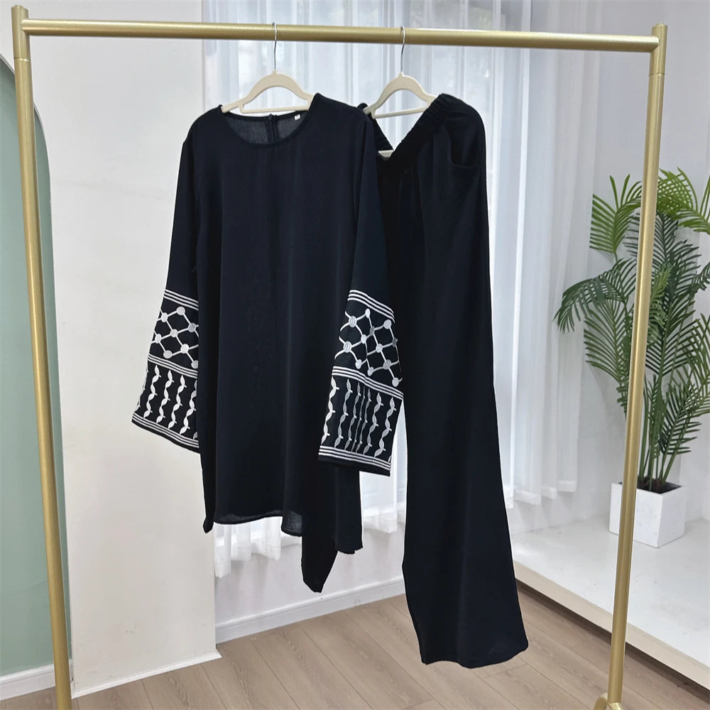 Eid Plain 2 Piece Abaya Set Tops Pants Modest Muslim Sets Abayas For Women Clothing Robe Caftan Marocain Femme Musulmane Kaftan