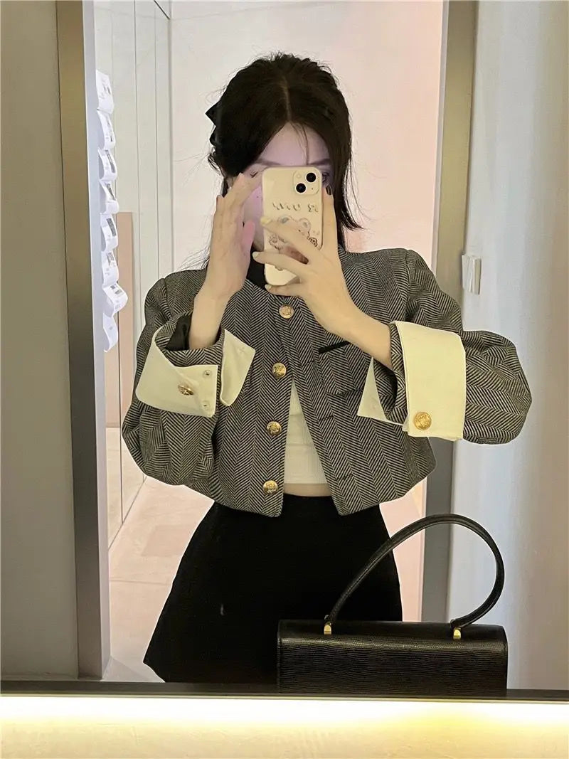 Fashion Metal Button Stand Collar  Short Jackets Women Korean Patchwork Plaid Coat 2025 Spring Long Sleeve Cropped Outwear