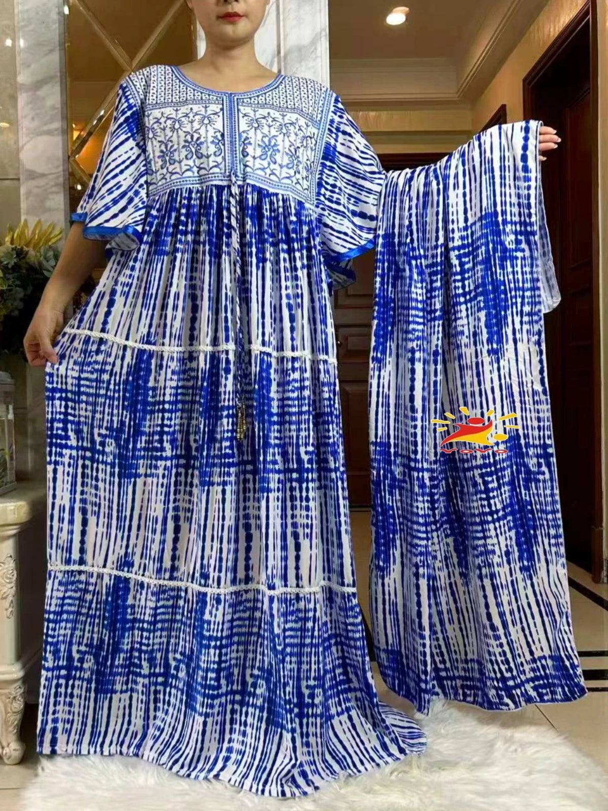 2025 New Muslim Abaya Summer Dress Short Sleeve Collect Waist Floral Loose Boubou Maxi Islam Women Dress African Abaya Clothing