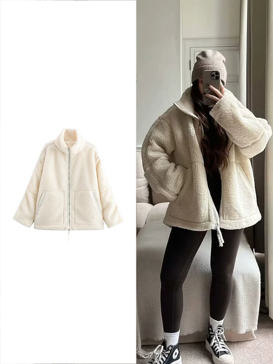 Fashion Women's Lamb's Wool White Coat Winter Fleece Reversible Lapel Coat Simple Loose Teddy Velvet Long Sleeve Jacket