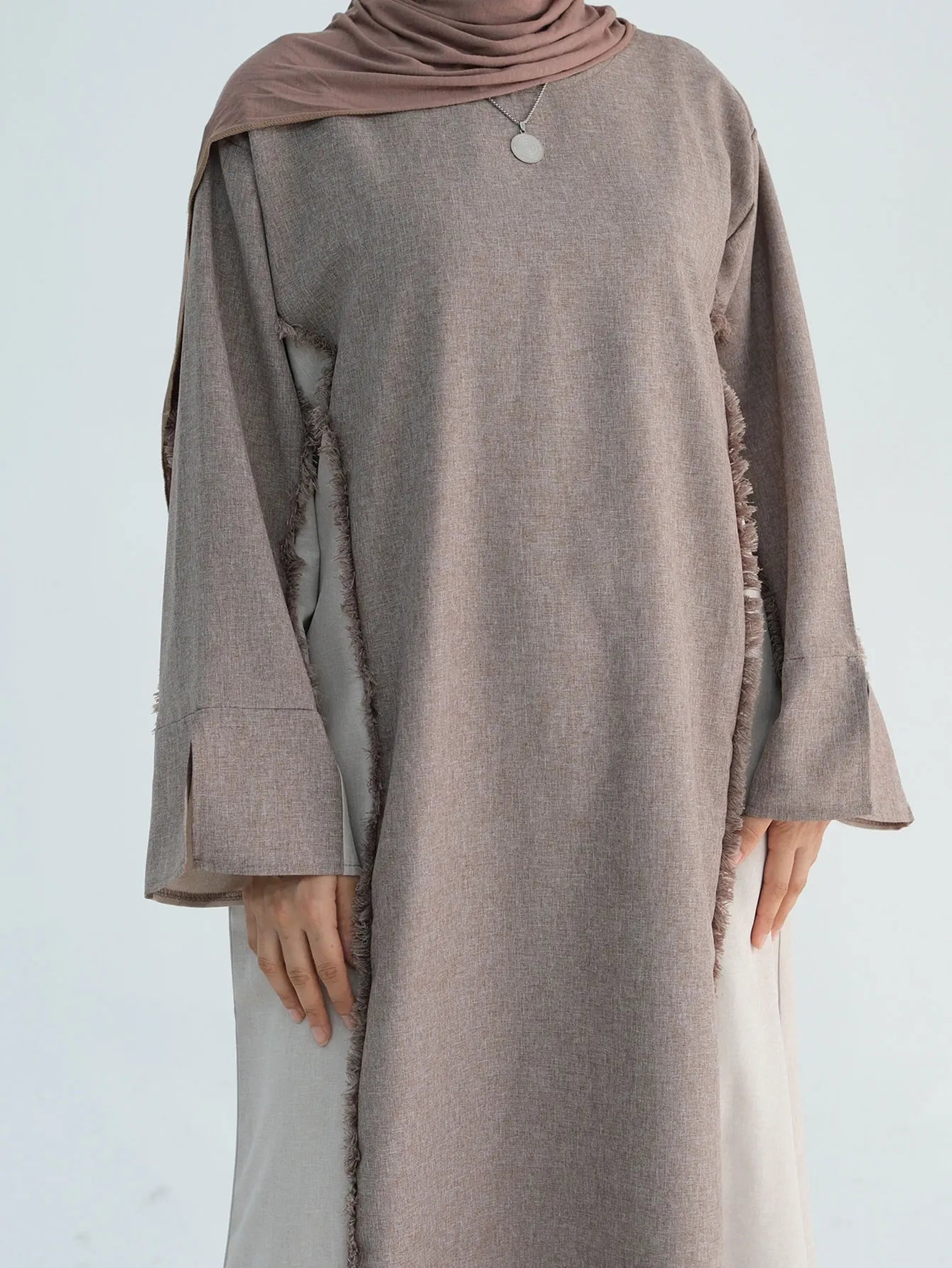 New Trend Contrast Color Women Dresses Modest Abaya Muslim Women Dress Linen Frayed Closed Abaya Ramadan EID Dubai Abaya 2025