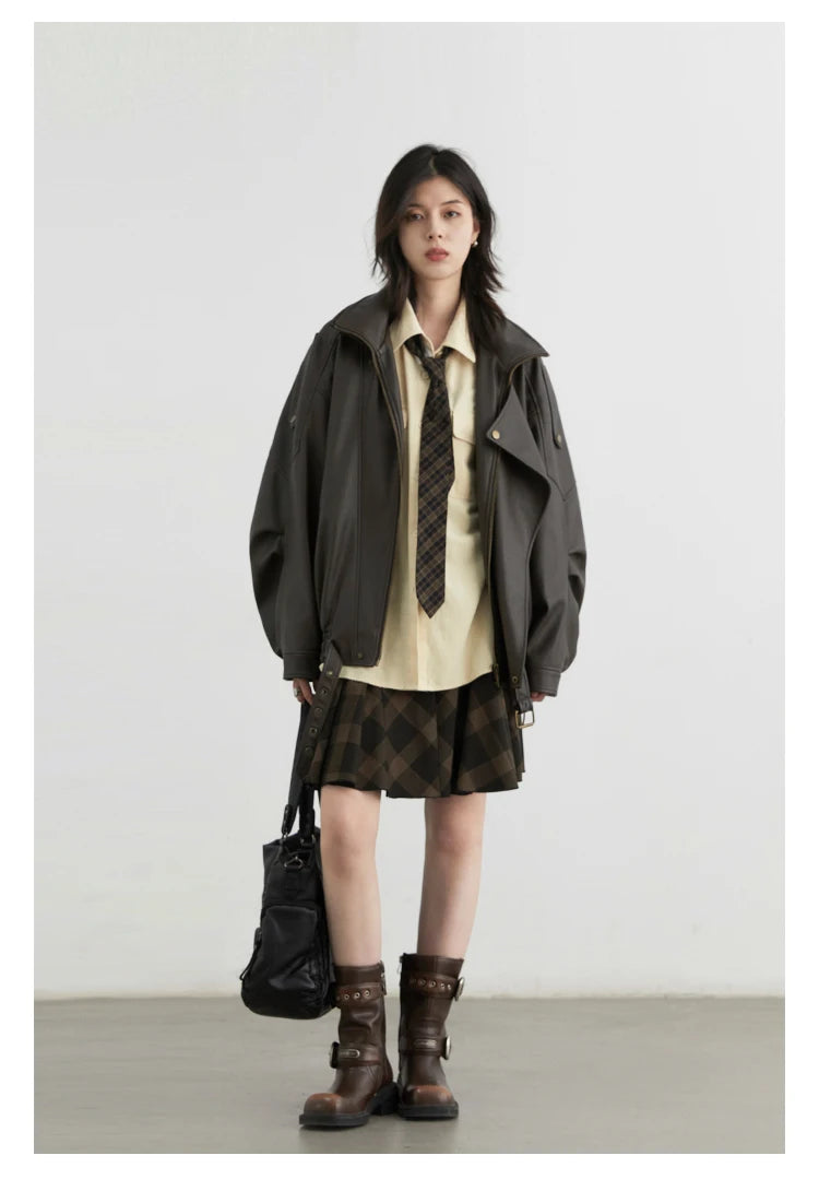 CHIC VEN Female PU Jacket Solid Loose New Retro Standing Collar Motorcycle Faux Leather Coat Female Top Spring Autumn 2024