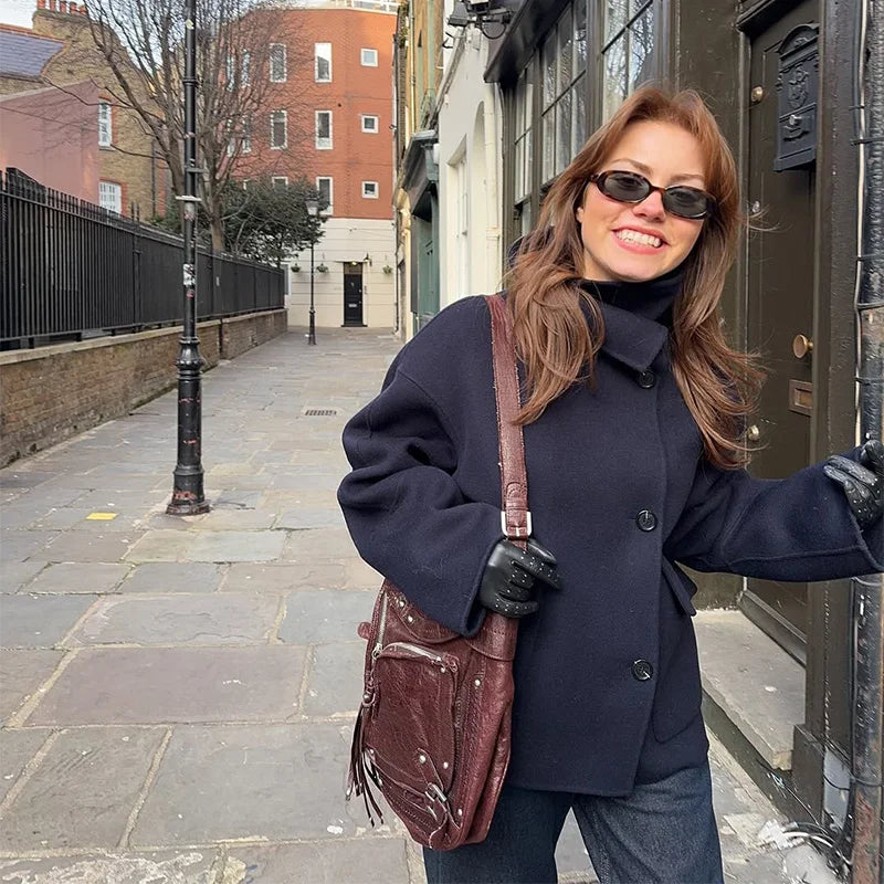 2025 Autumn Winter Stand Collar Coat Women Big Pockets Wool Blend Long Sleeve Single-breasted Thick Jacket Female Lady Outwears