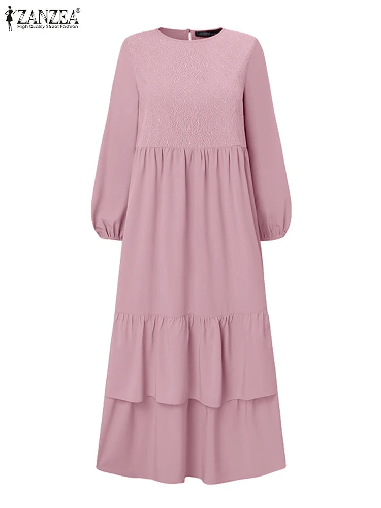 ZANZEA Elegant Women Autumn Long Sleeve Muslim Abaya Hijab Sundress IsIamic Robe Femme Maxi Long Dresses Patchwork Vestidos 2024