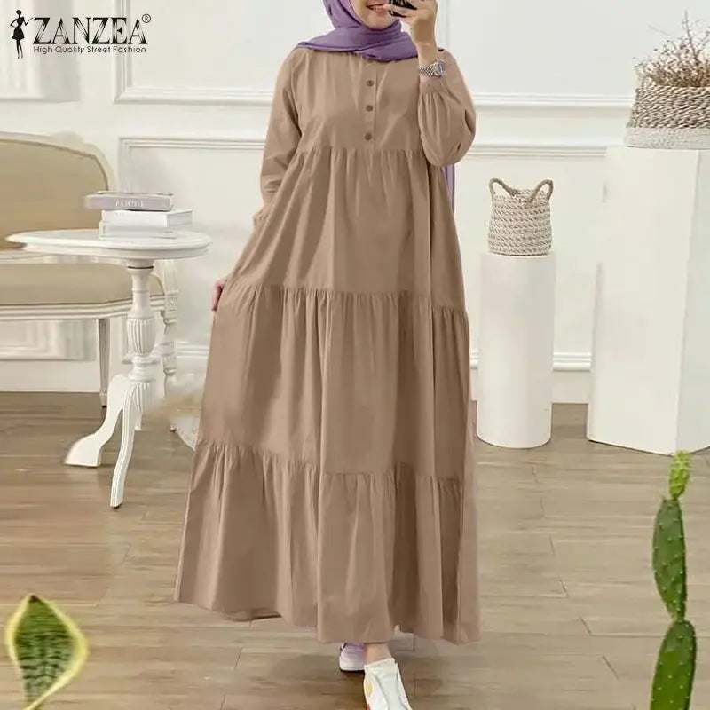 ZANZEA Autumn Women Long Vestidos Muslim Fashion O Neck Islamic Hijab Casual Loose Maxi Dress Tiered Long Sleeve Abaya Robes