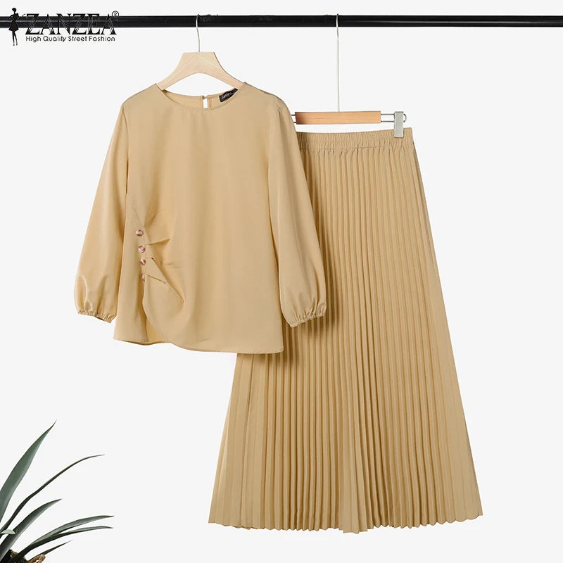 ZANZEA Muslim Woman 2 Piece Sets Islamic Fashion Ruched 3/4 Sleeve Tops Pleated Maxi Skirts 2PCS Outfits Solid Color Skirt Sets