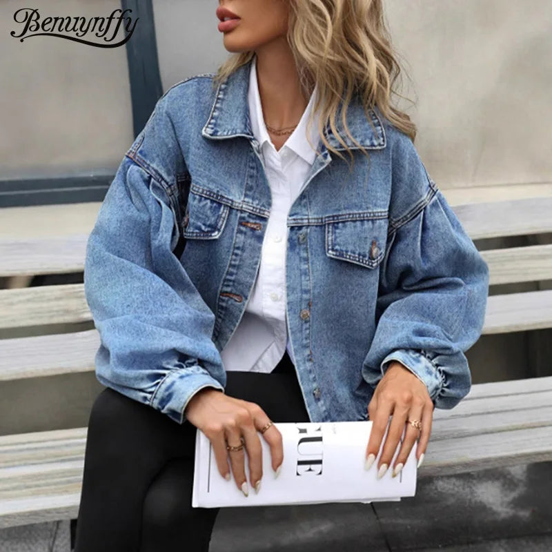 Benuynffy 2025 Autumn Vintage Lantern Sleeve Denim Jacket Women's Casual Streetwear Single Breasted Loose Short Jean Jackets