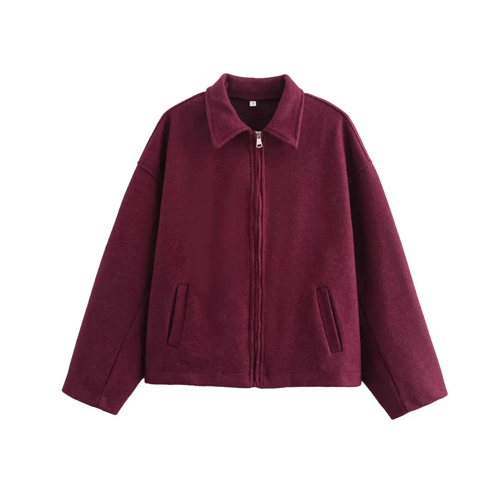 TRZA Women's Oversized Woolen Jacket Coat Long Sleeve Front Zipper Chic Outerwear with Pockets Fashion Top