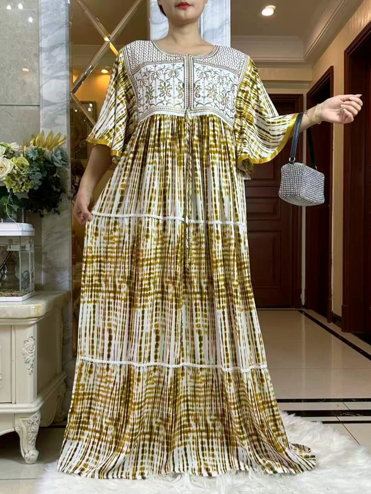 2025 New Muslim Abaya Summer Dress Short Sleeve Collect Waist Floral Loose Boubou Maxi Islam Women Dress African Abaya Clothing