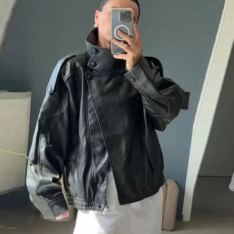 Street PU Leather Loose Jacket Women Fashion Solid Full Sleeve Stand Collar Single Breasted Coats Female 2025 Autumn Lady Coat