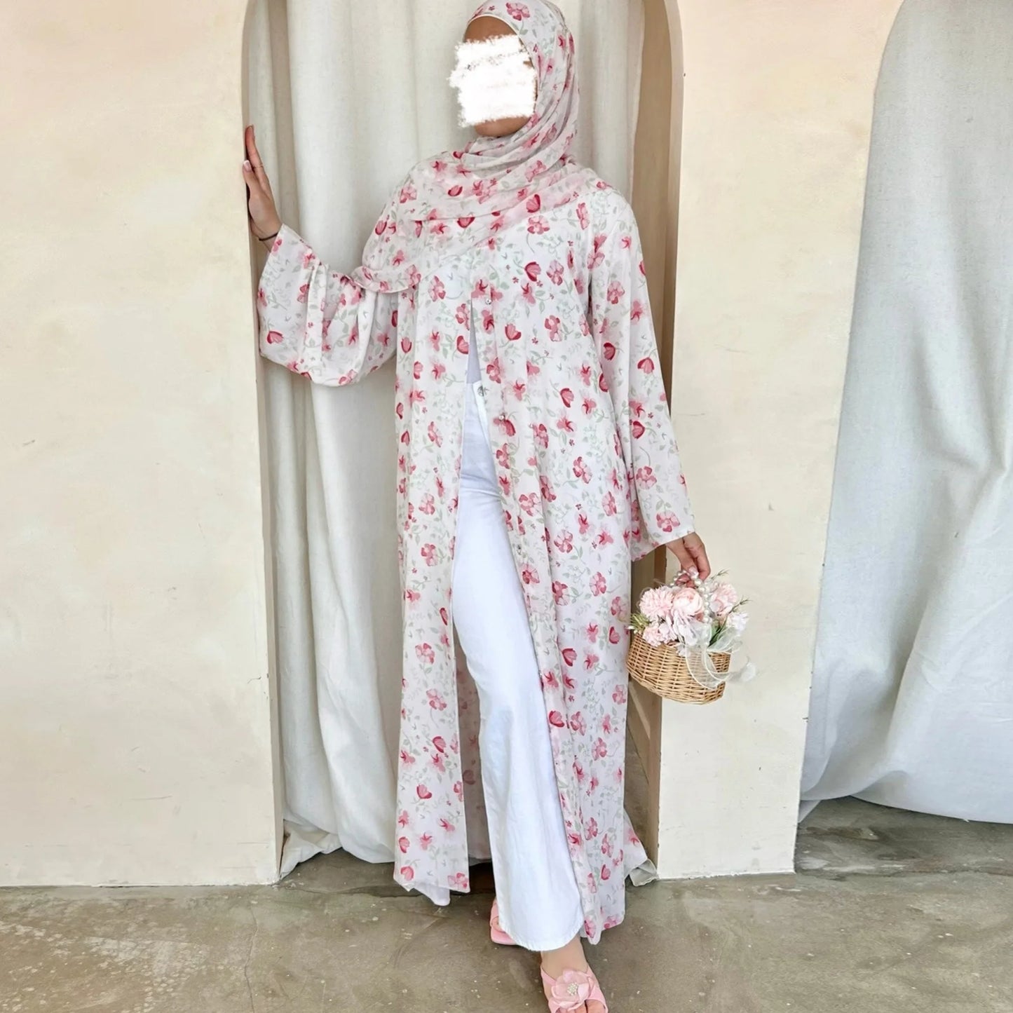 Summer Ramadan Chiffon Modest Abaya Women Muslim Dress Two Pieces Set Front Open Printed Kimono Abaya With Matching Hijab Scarf