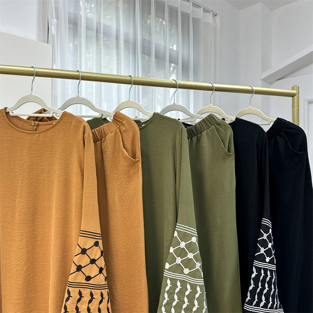 Eid Plain 2 Piece Abaya Set Tops Pants Modest Muslim Sets Abayas For Women Clothing Robe Caftan Marocain Femme Musulmane Kaftan