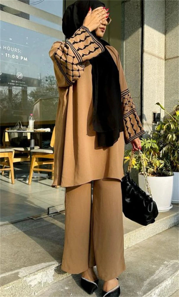 Eid Plain 2 Piece Abaya Set Tops Pants Modest Muslim Sets Abayas For Women Clothing Robe Caftan Marocain Femme Musulmane Kaftan