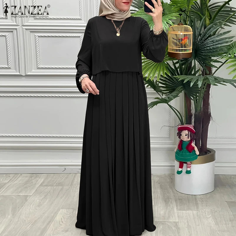 Women Autumn Patchwork Dresses 2025 ZANZEA Muslim Abaya Robe Femme Elegant Long Sleeve Solid Pleated Sundress IsIamic Clothing