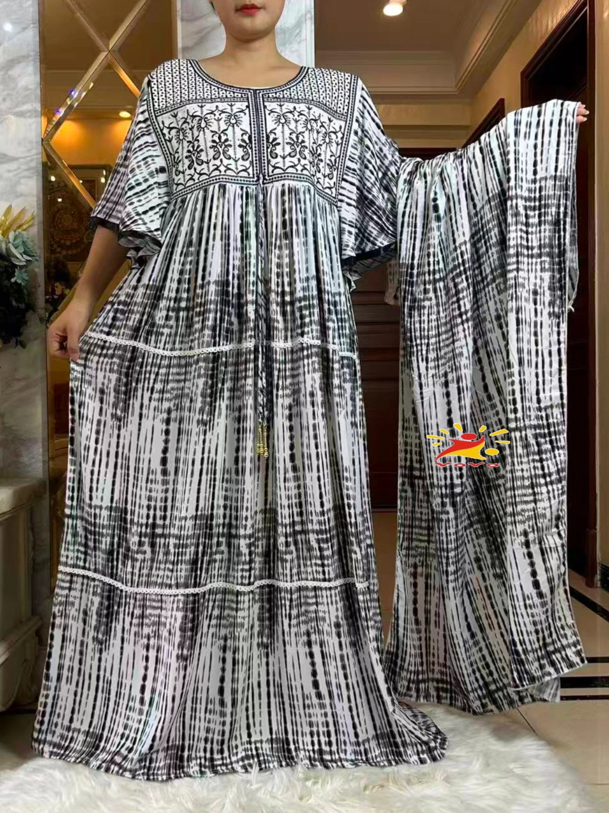 2025 New Muslim Abaya Summer Dress Short Sleeve Collect Waist Floral Loose Boubou Maxi Islam Women Dress African Abaya Clothing