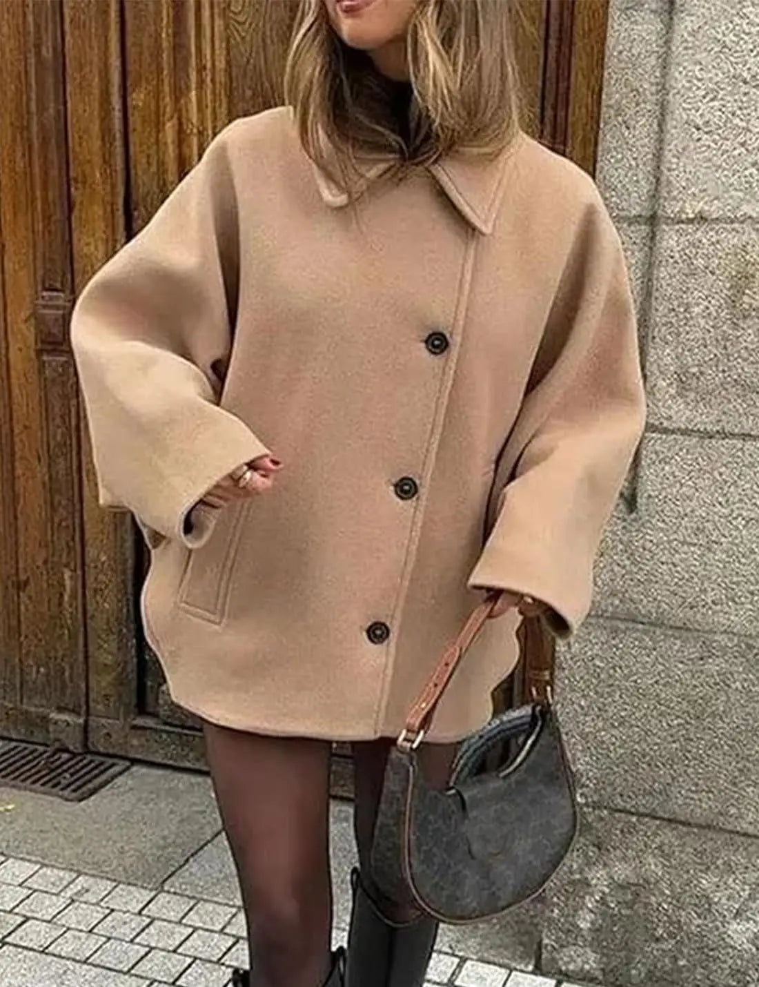 ZBZA Women's Oblique Button Loose Batwing Sleeve Jacket Coat Lapel Double Pocket Warm Solid Vintage Outerwear Fall Winter Coat