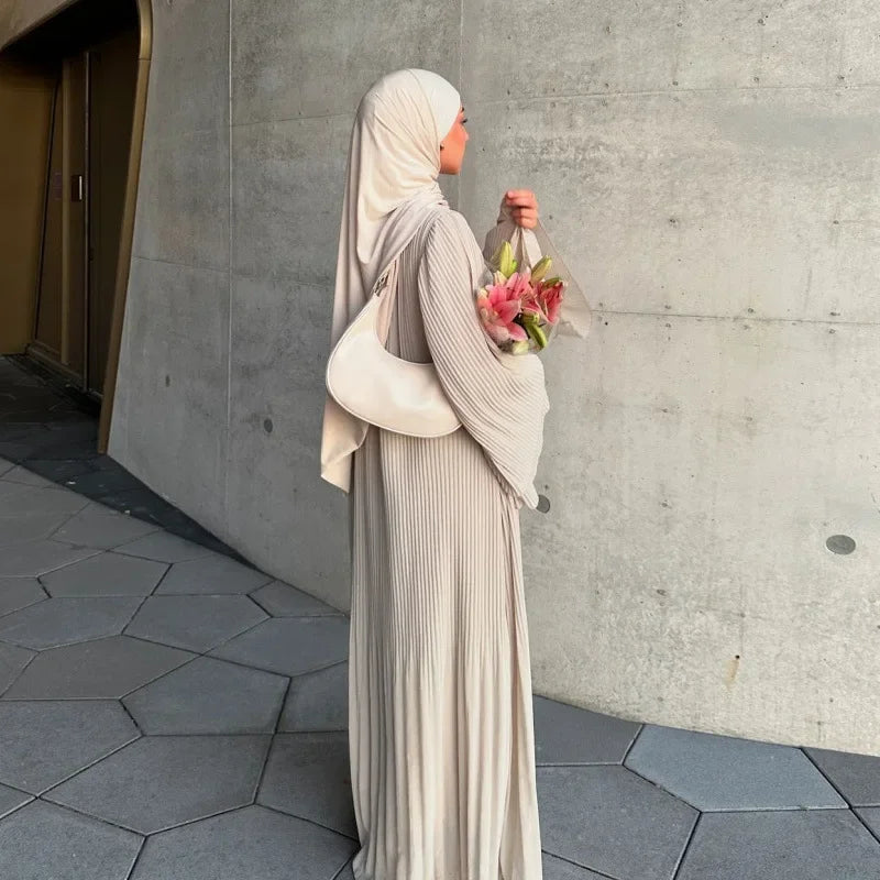 Muslim Dubai New Style Pleated Wrap Dress Pure Color Women's Fashion Green Light Peach Color Long Robe Traditional Middle East