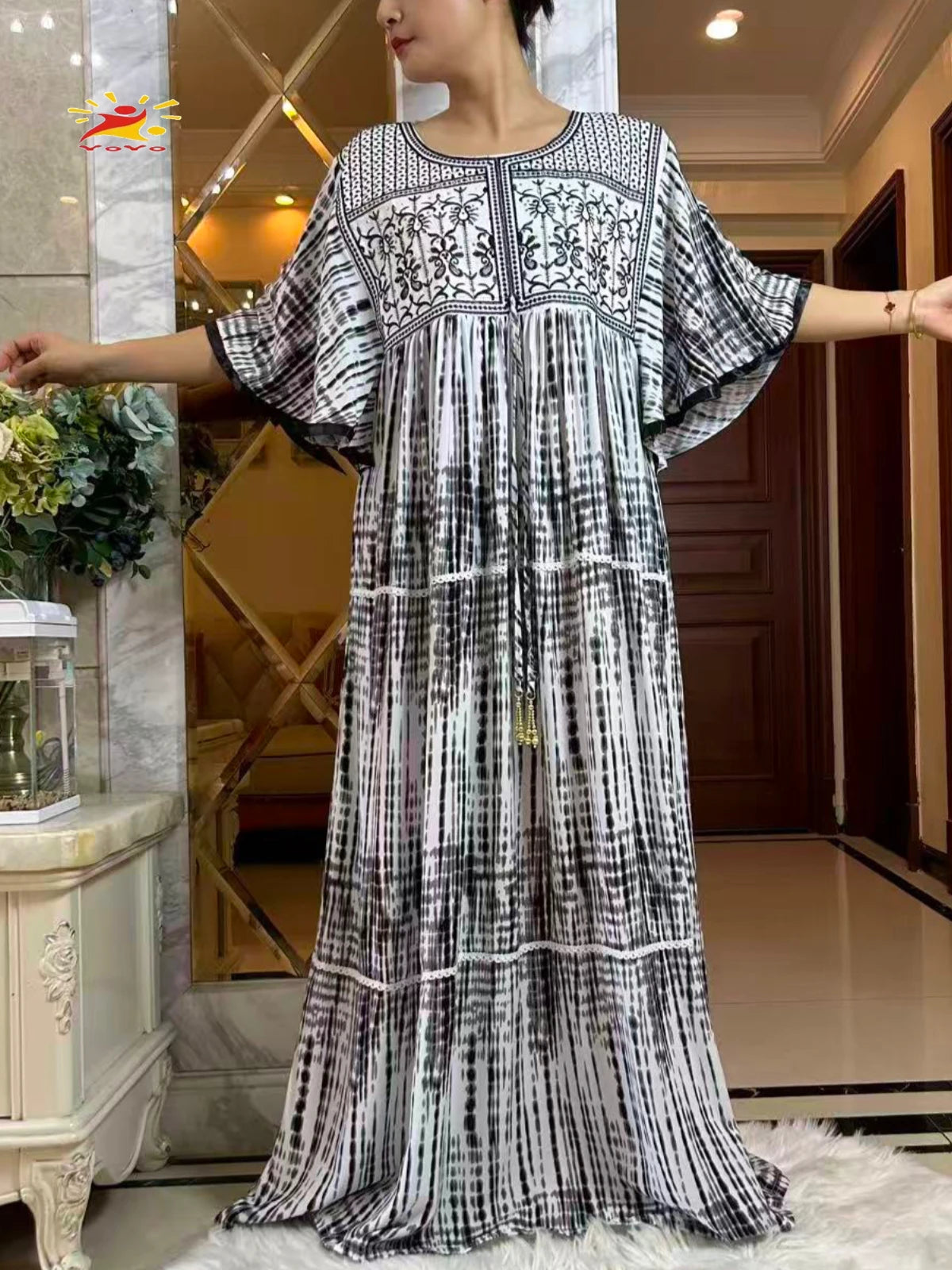 2025 New Muslim Abaya Summer Dress Short Sleeve Collect Waist Floral Loose Boubou Maxi Islam Women Dress African Abaya Clothing