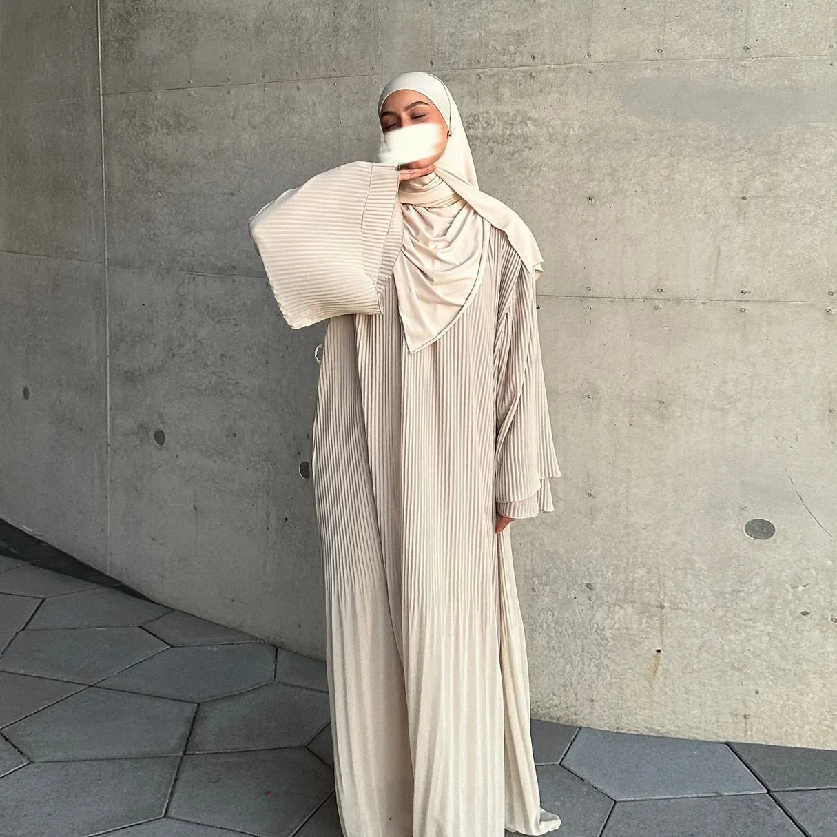 Muslim Dubai New Style Pleated Wrap Dress Pure Color Women's Fashion Green Light Peach Color Long Robe Traditional Middle East