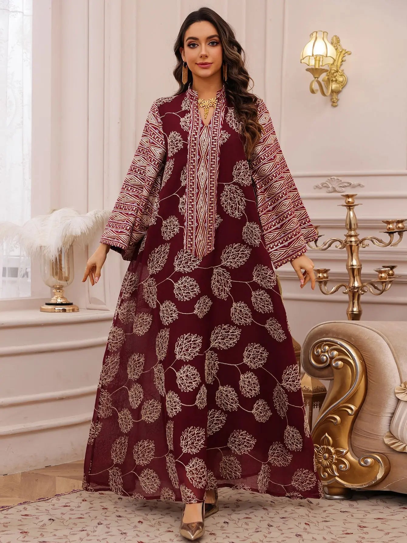 Muslim Women's Light Blue Islamic Embroidered Abaya with Gold Detailing Ideal for Formal Events in Middle East like UAE Saudi