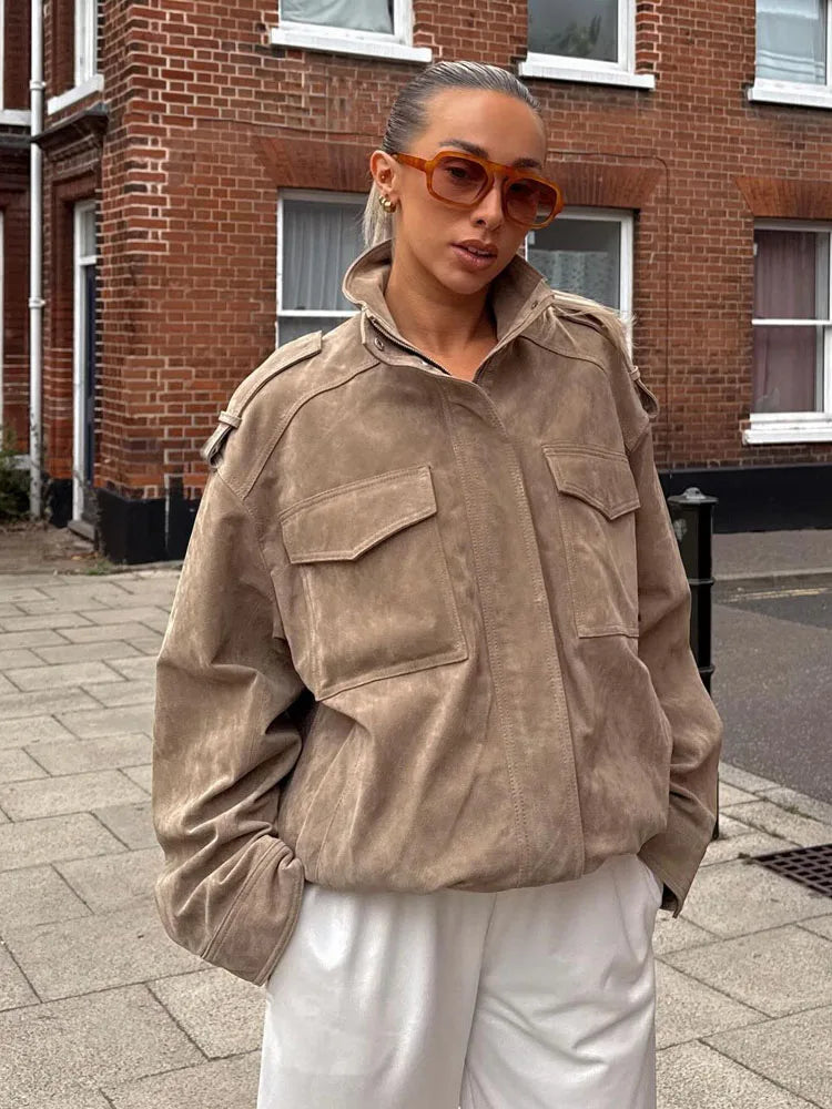 HH Women's New Fashion Long Sleeves Jackets Solid Turtleneck Pocket Decoration Zipper Female Autumn High Street Coats