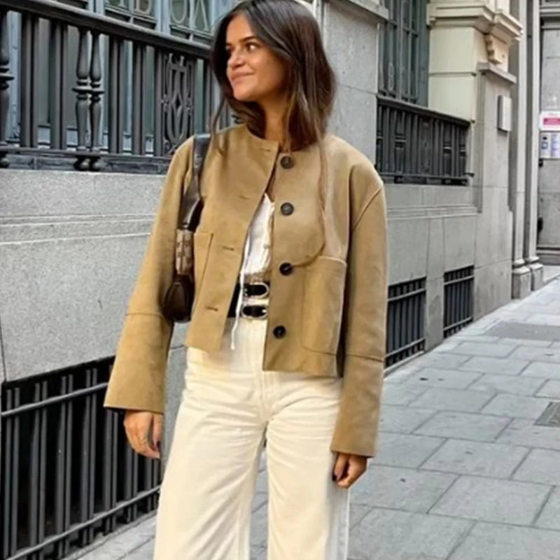 HXAO Demi-Season Suede Jacket Women Cropped Coat Autumn Faux Bomber Jacket Outerwear Button Elegant New Jacket Short Coat