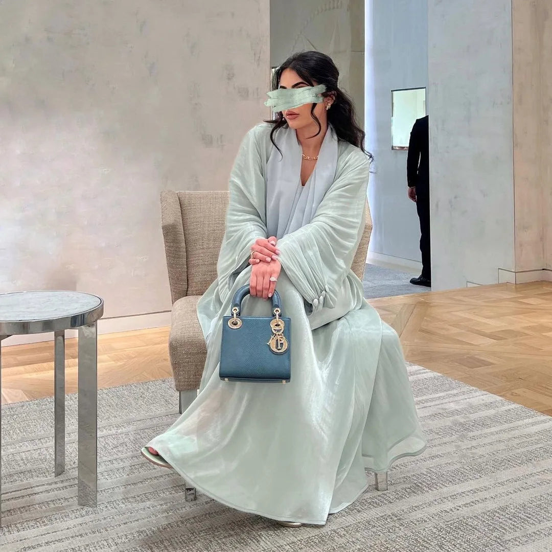 Eid Silky Abayas for Women Muslim Jalabiya Ramadan Robe Dress Button Sleeve Ramadan Caftan Party Dresses Vestido Largo Cardigan