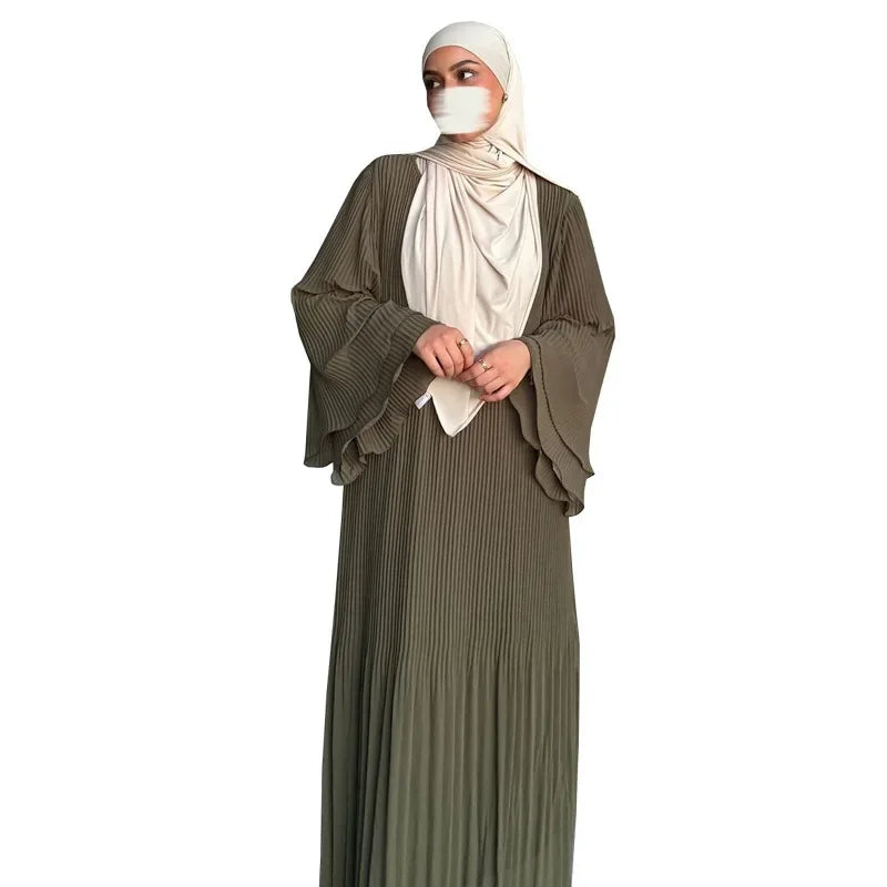 Muslim Dubai New Style Pleated Wrap Dress Pure Color Women's Fashion Green Light Peach Color Long Robe Traditional Middle East