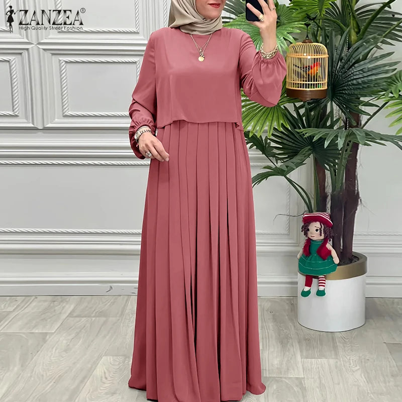 Women Autumn Patchwork Dresses 2025 ZANZEA Muslim Abaya Robe Femme Elegant Long Sleeve Solid Pleated Sundress IsIamic Clothing