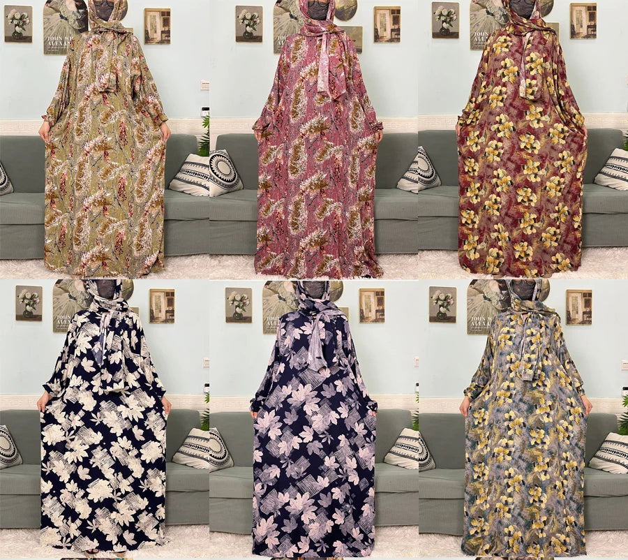 Muslim Cotton Abayas For Women Traditional Floral Ramadan Prayer Garment African Caftan Marocain Femme Robe Connected Headscarf