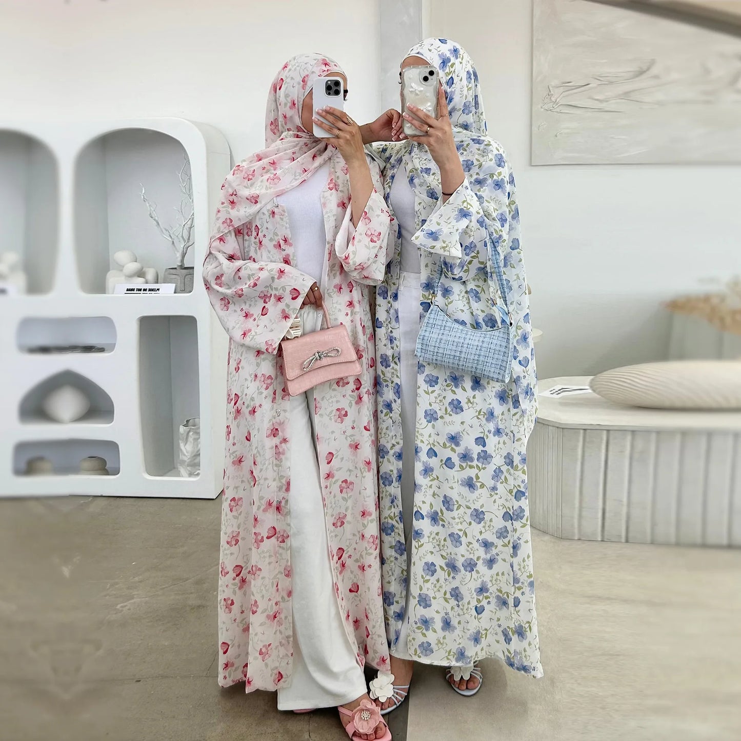Summer Ramadan Chiffon Modest Abaya Women Muslim Dress Two Pieces Set Front Open Printed Kimono Abaya With Matching Hijab Scarf