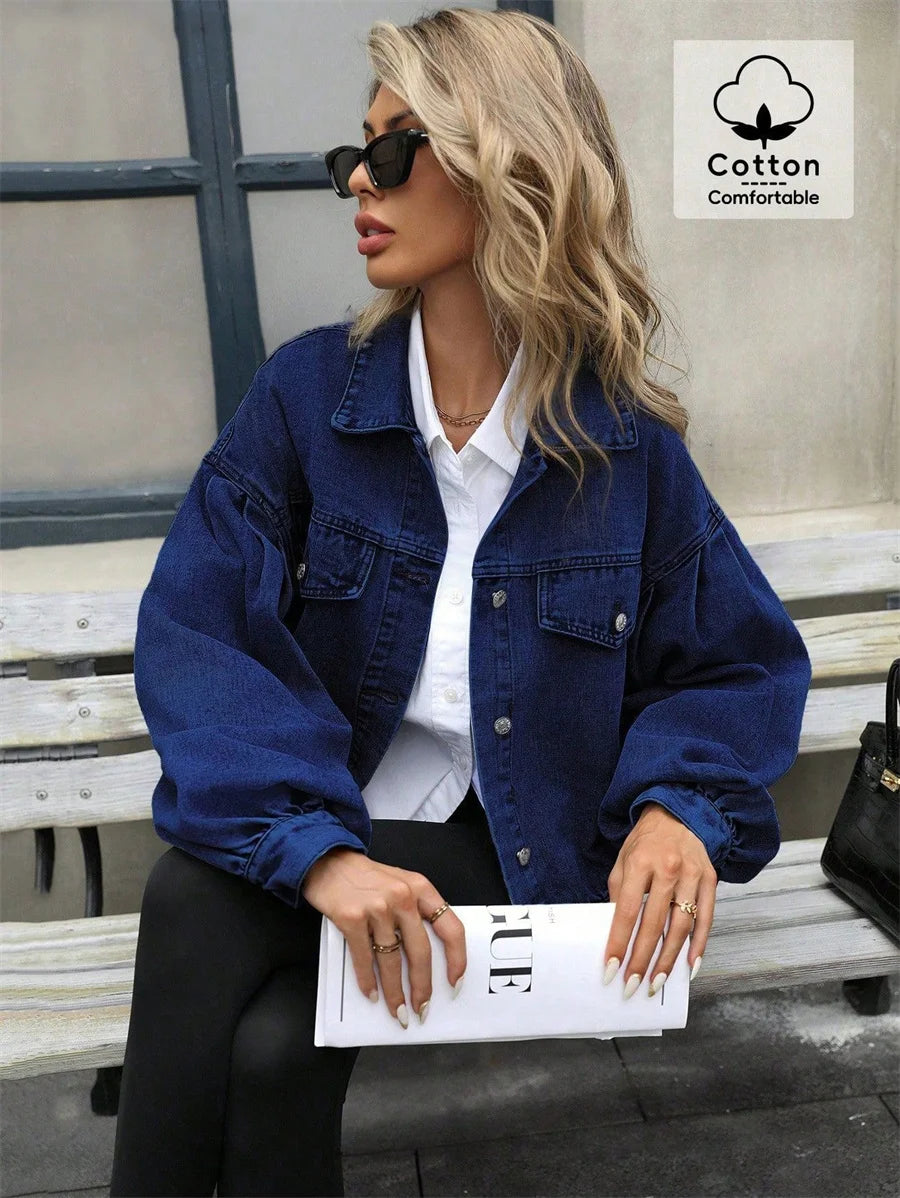 Benuynffy 2025 Autumn Vintage Lantern Sleeve Denim Jacket Women's Casual Streetwear Single Breasted Loose Short Jean Jackets