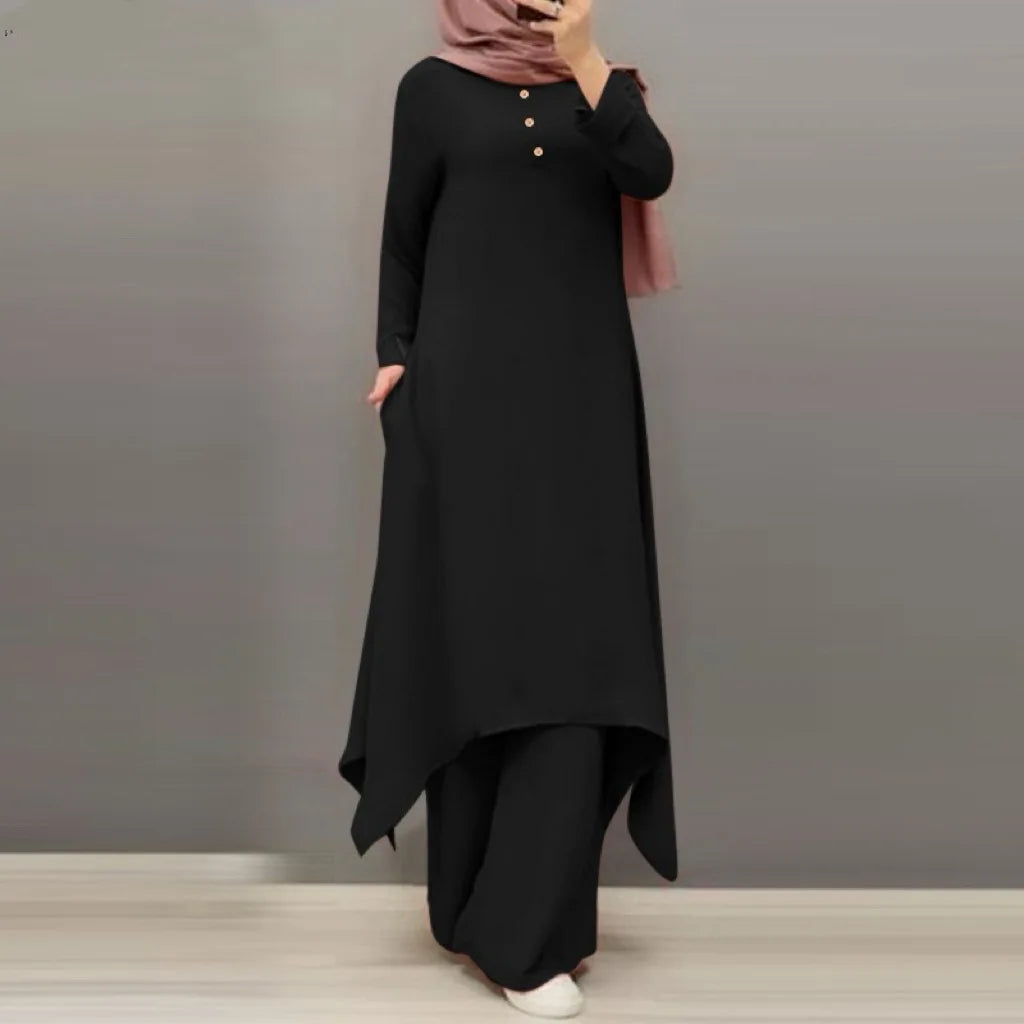 Eid Muslim Women Blouses Dress Wide Leg Pants Set 2 Piece Musulman Ensemble Dubai Casual Arab Ramadan Kaftan 2024 Outfit Suits