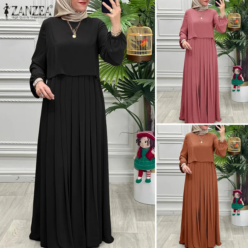 Women Autumn Patchwork Dresses 2025 ZANZEA Muslim Abaya Robe Femme Elegant Long Sleeve Solid Pleated Sundress IsIamic Clothing