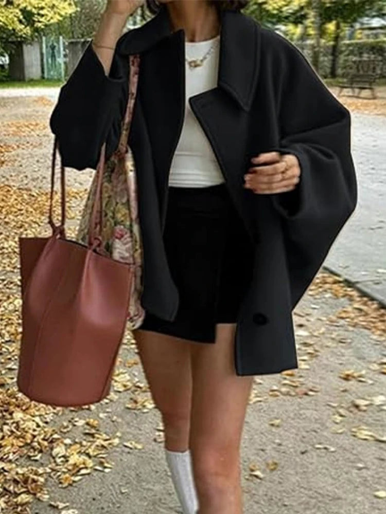 ZBZA Women's Oblique Button Loose Batwing Sleeve Jacket Coat Lapel Double Pocket Warm Solid Vintage Outerwear Fall Winter Coat