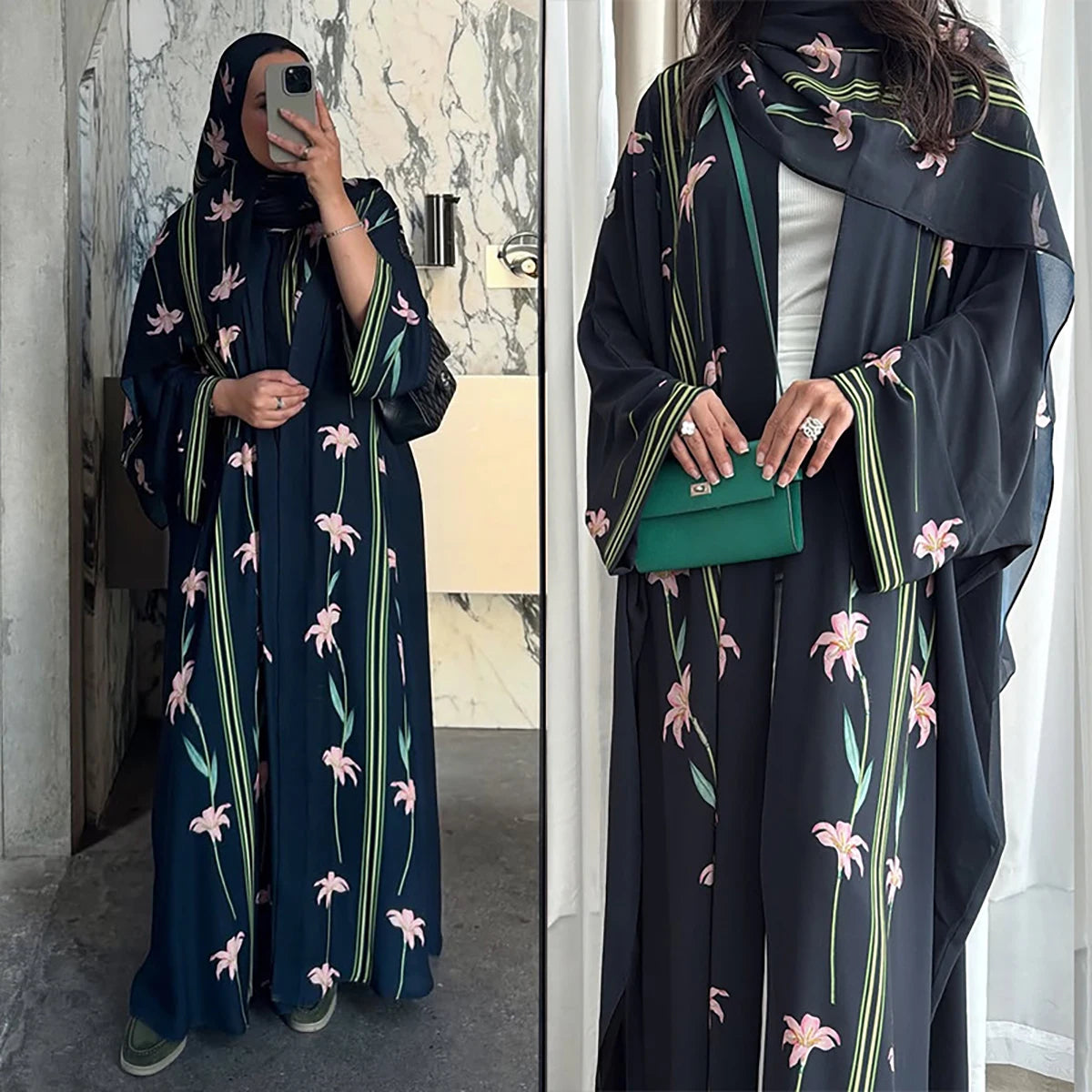 Uni Islamic Clothing Modest Abaya Women Muslim Dress Front Open Printed Abaya 2025 With Hijab Scarf Two Piece Set for Summer