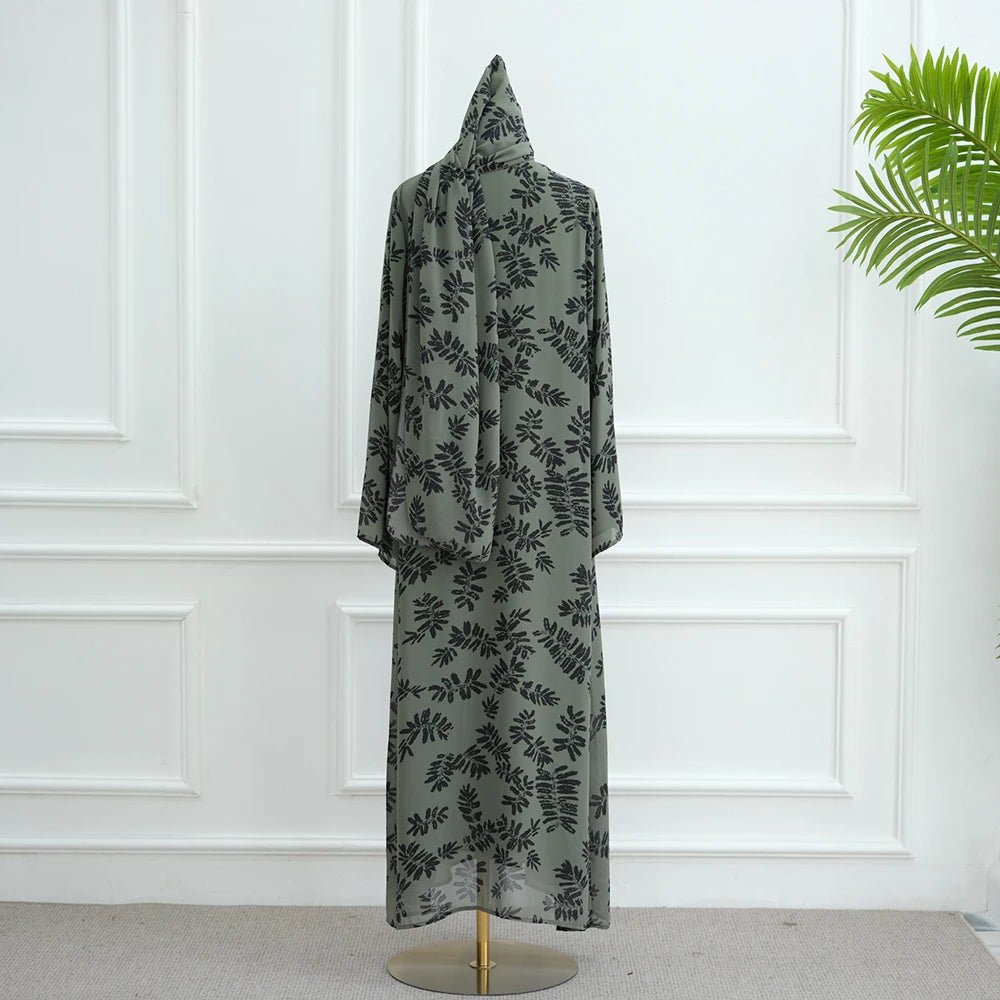 Summer Ramadan Chiffon Modest Abaya Women Muslim Dress Two Pieces Set Front Open Printed Kimono Abaya With Matching Hijab Scarf