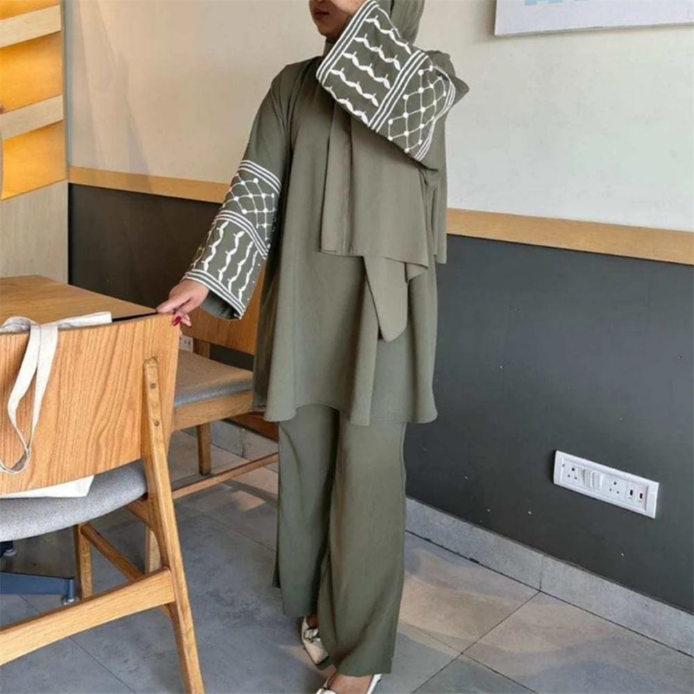 Eid Plain 2 Piece Abaya Set Tops Pants Modest Muslim Sets Abayas For Women Clothing Robe Caftan Marocain Femme Musulmane Kaftan