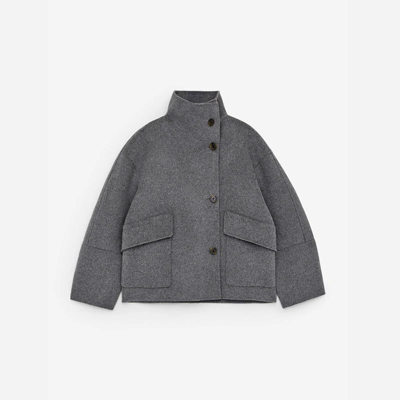 2025 Autumn Winter Stand Collar Coat Women Big Pockets Wool Blend Long Sleeve Single-breasted Thick Jacket Female Lady Outwears