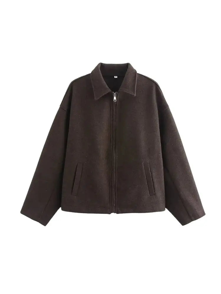 TRZA Women's Oversized Woolen Jacket Coat Long Sleeve Front Zipper Chic Outerwear with Pockets Fashion Top