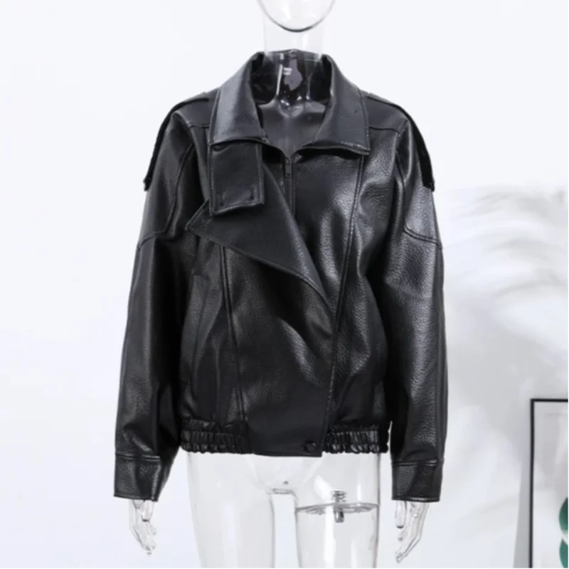 Street PU Leather Loose Jacket Women Fashion Solid Full Sleeve Stand Collar Single Breasted Coats Female 2025 Autumn Lady Coat