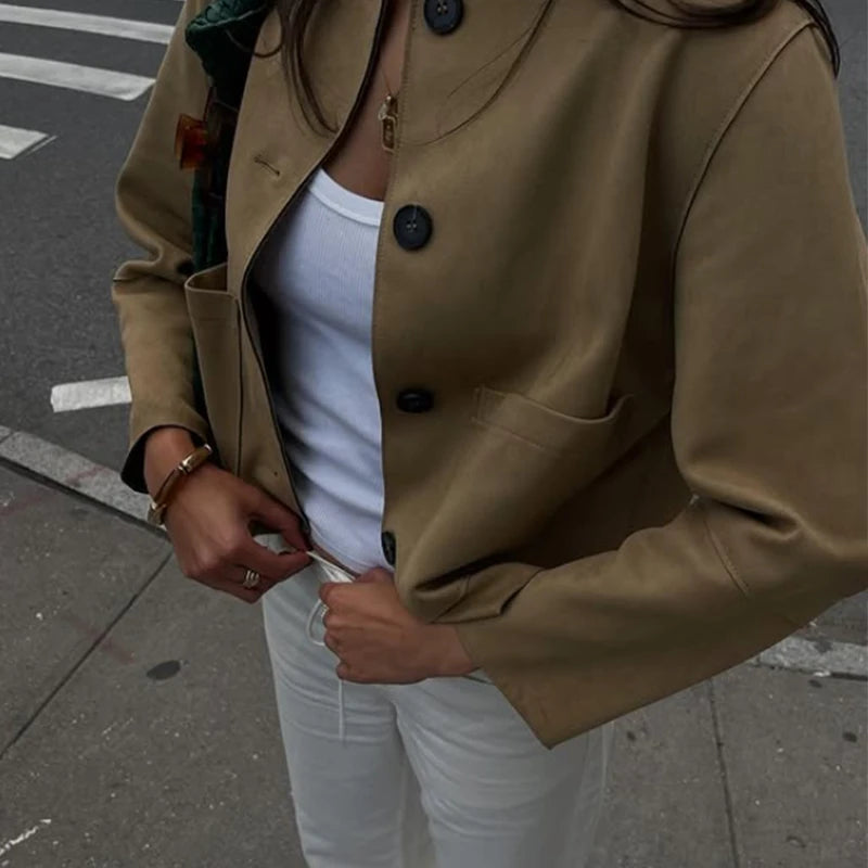 HXAO Demi-Season Suede Jacket Women Cropped Coat Autumn Faux Bomber Jacket Outerwear Button Elegant New Jacket Short Coat