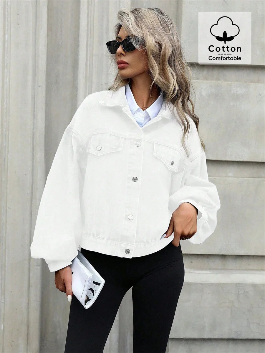 Benuynffy 2025 Autumn Vintage Lantern Sleeve Denim Jacket Women's Casual Streetwear Single Breasted Loose Short Jean Jackets