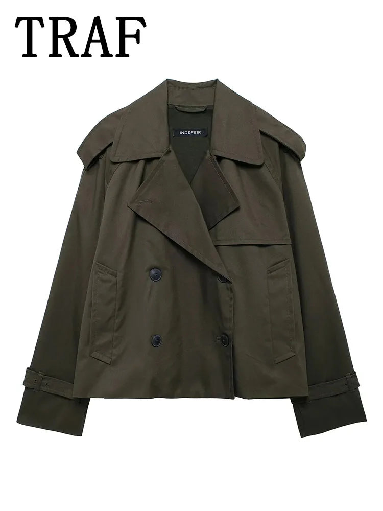 Streetwear Cropped Jacket Women 2024 Autumn Double-Breasted Jackets for Women Long Sleeve Coat Woman Casual New Outerwear